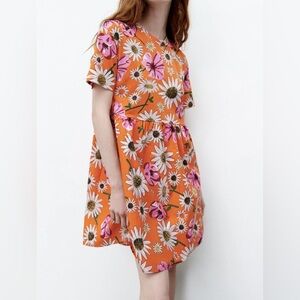 Zara Floral Orange Full Skirt Mini Dress Cotton Size Large